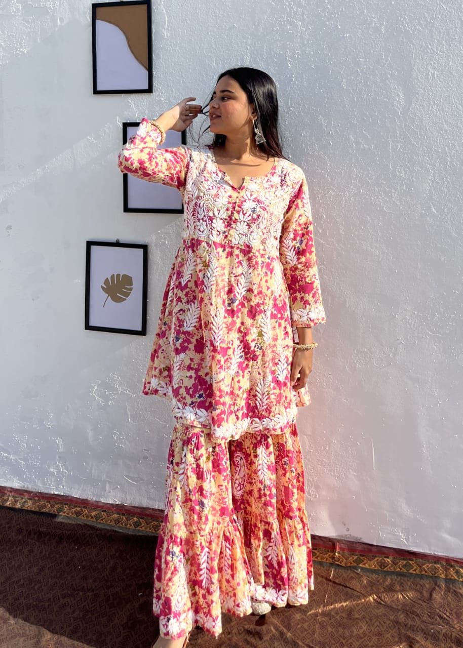 pink floral printed and chikankar hand work gharara set | Hayat's Lucknowi