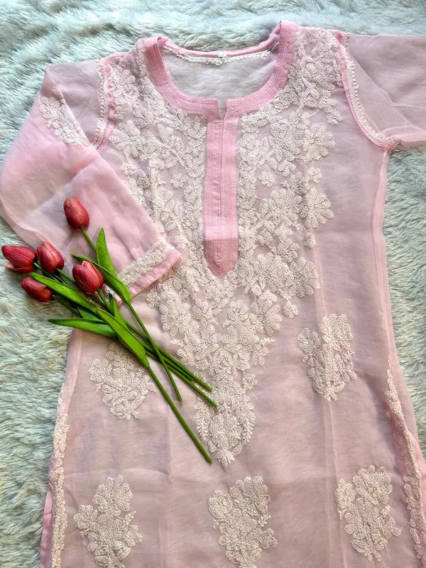 Pink embroidered georgette kurta with handwork | Hayat's Lucknowi