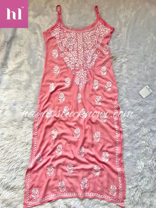pink spaghetti strap chikankari long kurta for genz | Hayat's Lucknowi