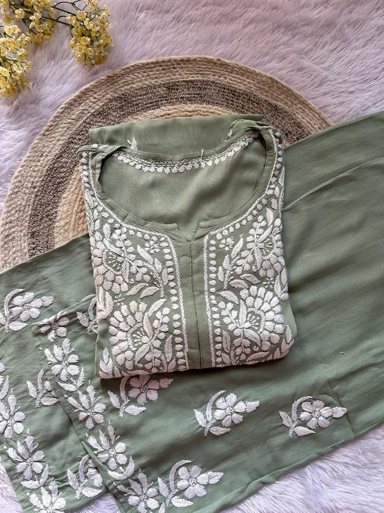 pista green kurta set chikankari work embroidery casual wear | Hayat's Lucknowi