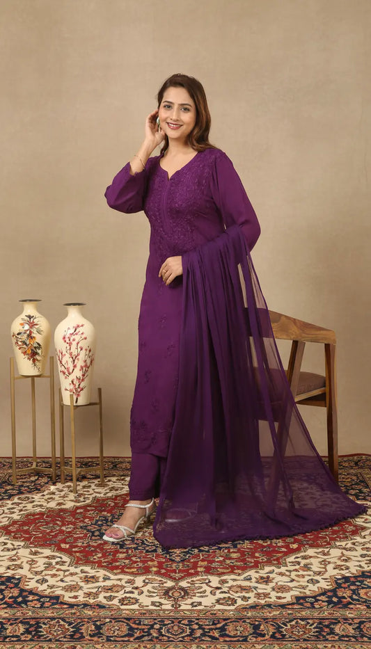 Zeenat Purple Rayon Lucknowi Chikankari Kurta Set with Dupatta