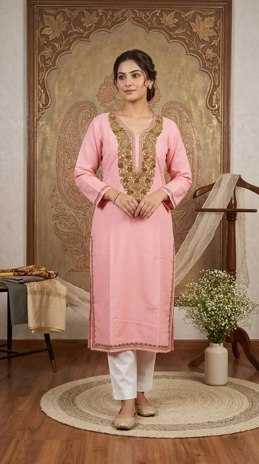 Pink Kashmiri Long Kurta with Green Embroidery