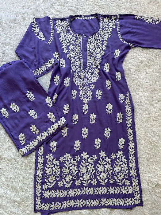 purple chikankari kurta plazo set in rayon fabric | Hayat's Lucknowi
