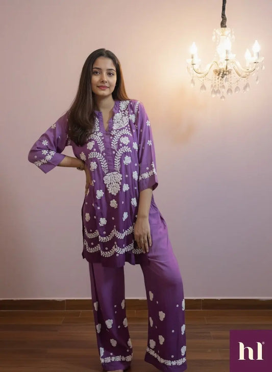 purple heavy chikankari work modal co-ord for this festive wear | Hayat's Lucknowi