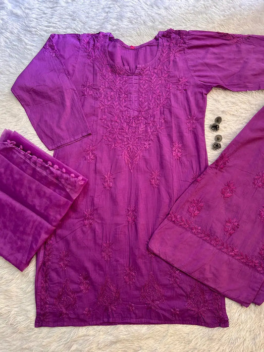 Purple embroidered farshi shalwaar suit with organza dupatta with chikankari hand embroidery