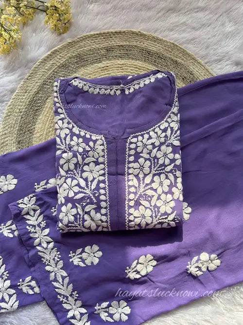 purple chikankari kurta set with hand embroidery by hayats lucnowi