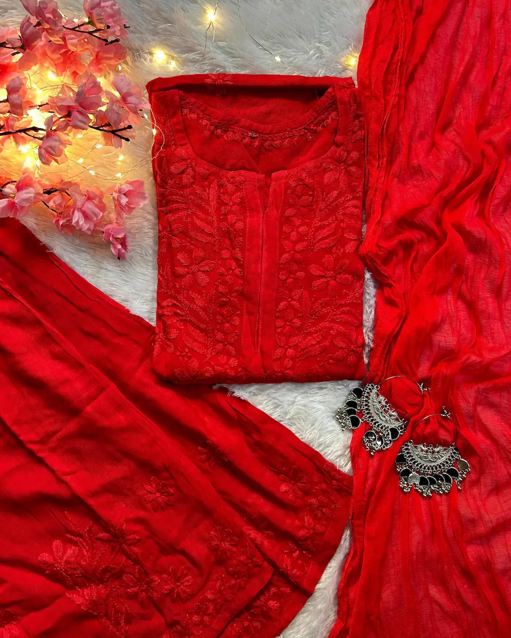 Festive red chikankari suit set rayon kurta, matching plazo & dupatta for women. | Hayat's Lucknowi