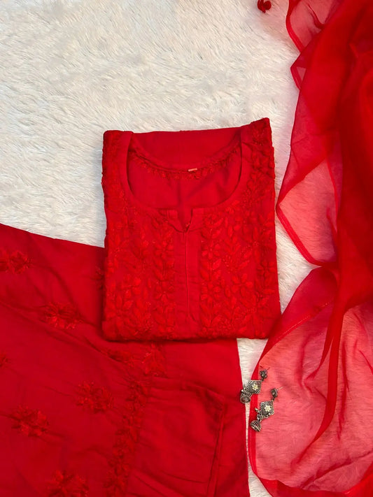red chikankari farshi shalwar suit with organza dupatta