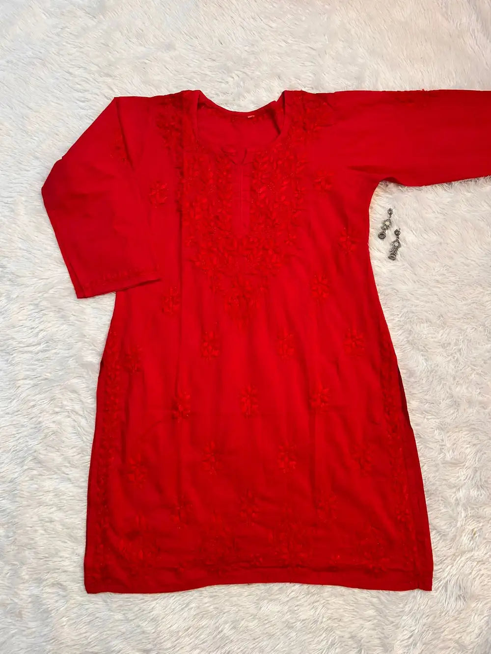 red chikankari short kurta
