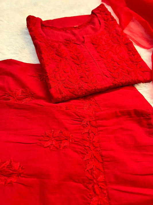 deep red chikankari farshi shalwar suit with organza dupatta
