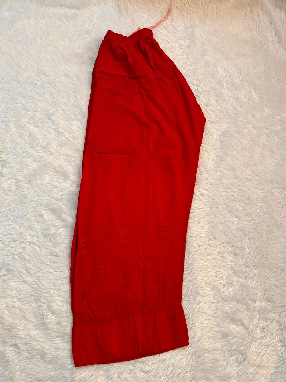 red chikankari work farshi shalwar