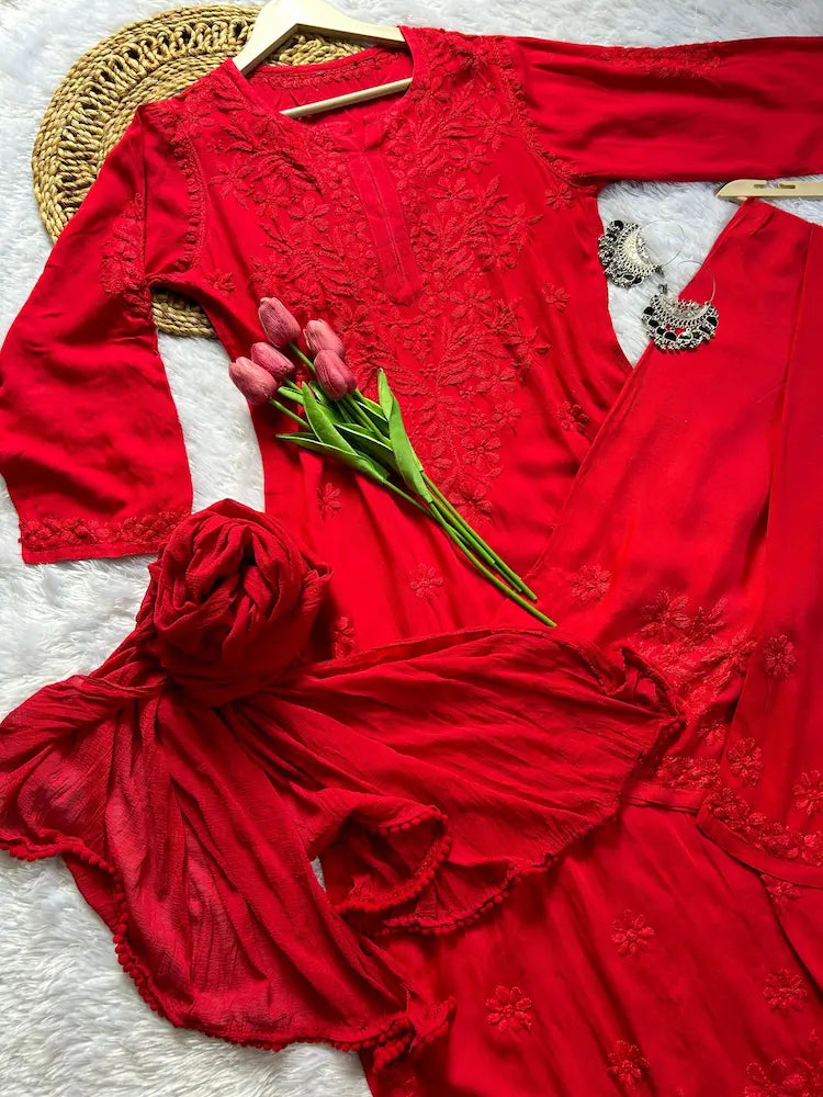Red embroidered dress with a matching dupatta with chikankari work| Hayat's Lucknowi