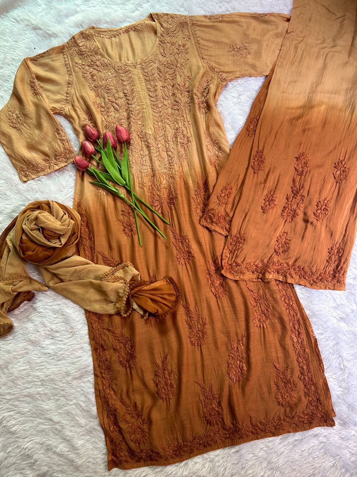 Romana brown chikankari muslin set - Hayat's Lucknowi