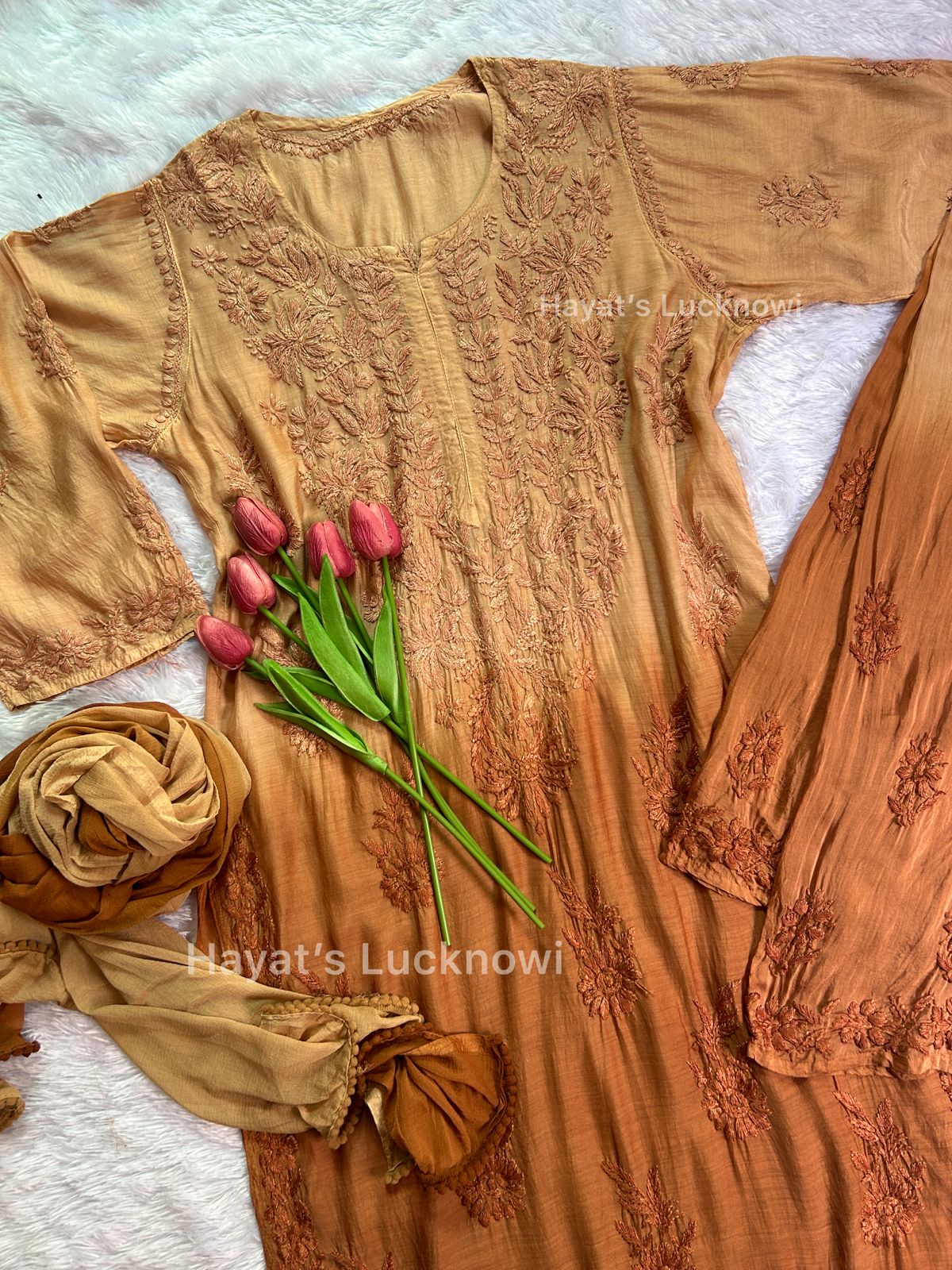 Romana brown chikankari muslin set - Hayat's Lucknowi