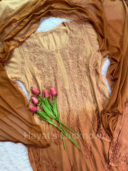 Romana brown chikankari muslin set - Hayat's Lucknowi