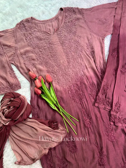 Wine muslin suit set with chikankari embroidery by Hayat’s Lucknowi