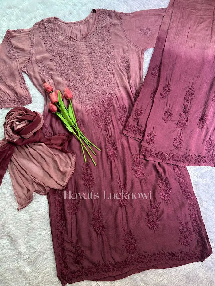 Romana Wine Chikankari Muslin Suit Set