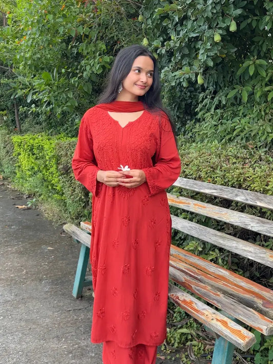 rust brown chikankari rayon set three piece kurta plazo and dupatta set best for festive wear