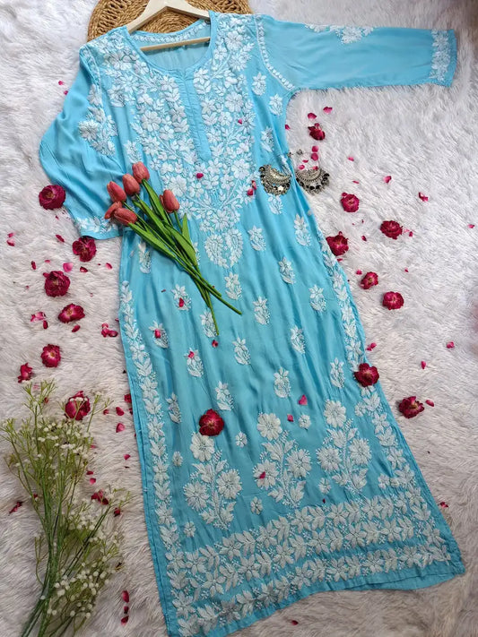light blue chikankari straight long kurta with intricate hand embroidery