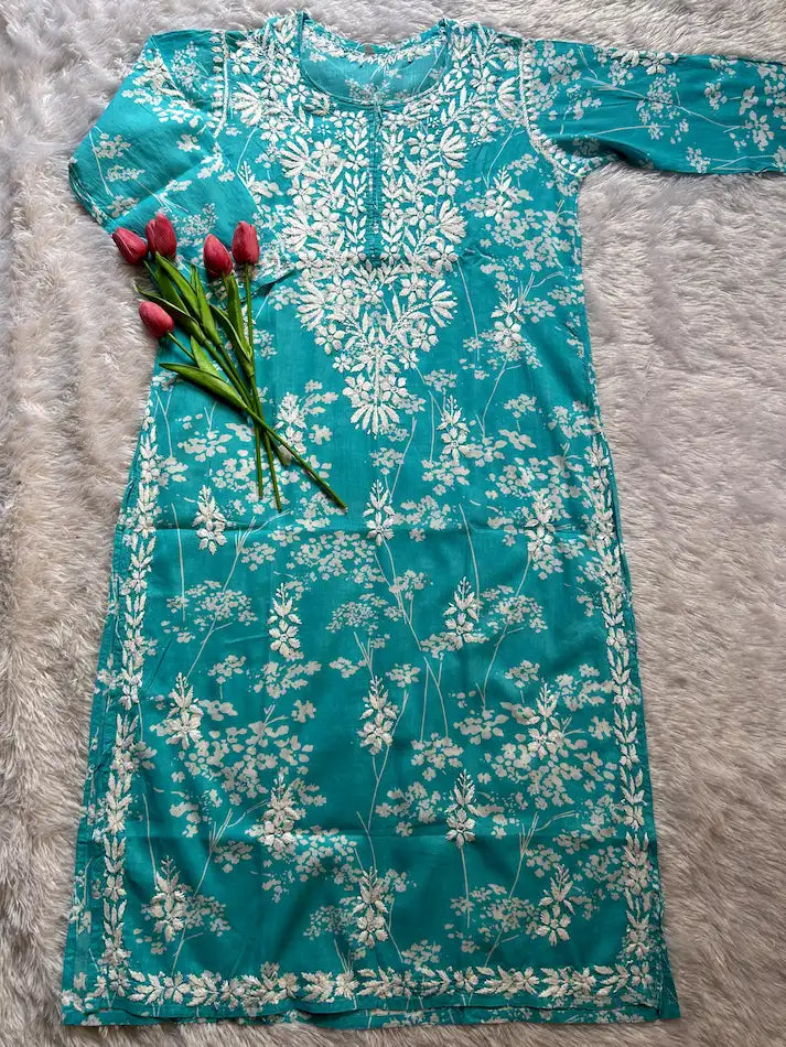 teal chikankari mul mul kurti with hand embroidery