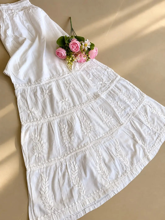 white cotton chikankari garara plazo pant with three layers