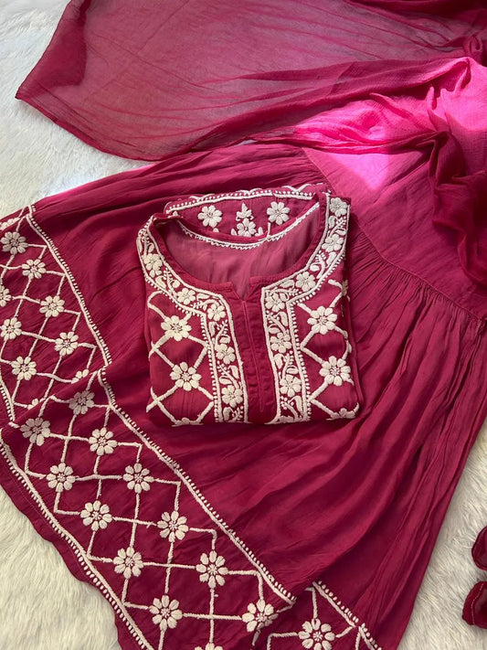 Wine modal satin heavy 3D Chikankari short kurta gharara set with dupatta — Hayat's Lucknowi