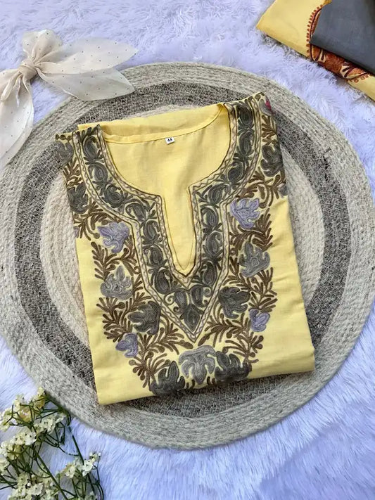yellow cotton fabric gray kashmiri aari work kurta | Hayat's Lucknowi