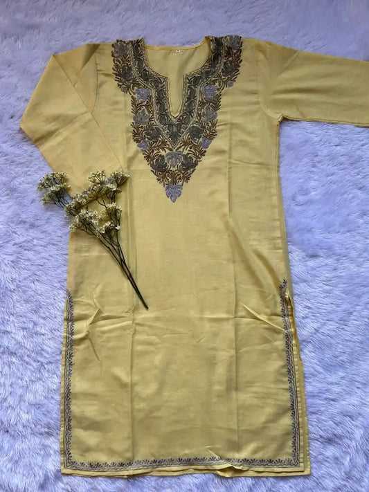 Yellow kurta with intricate embroidery of gray colour kashmiri aari work | Hayat's Lucknowi