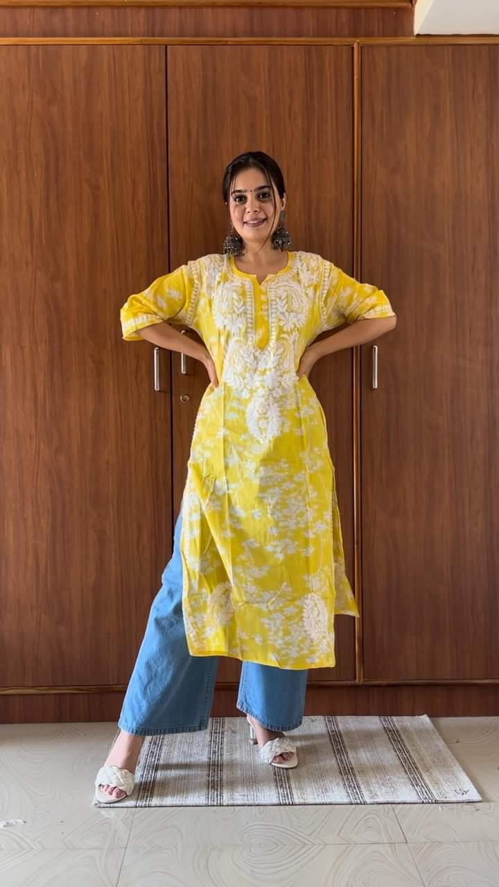 Batool yellow mul mul kurta - Hayat's Lucknowi chikankari