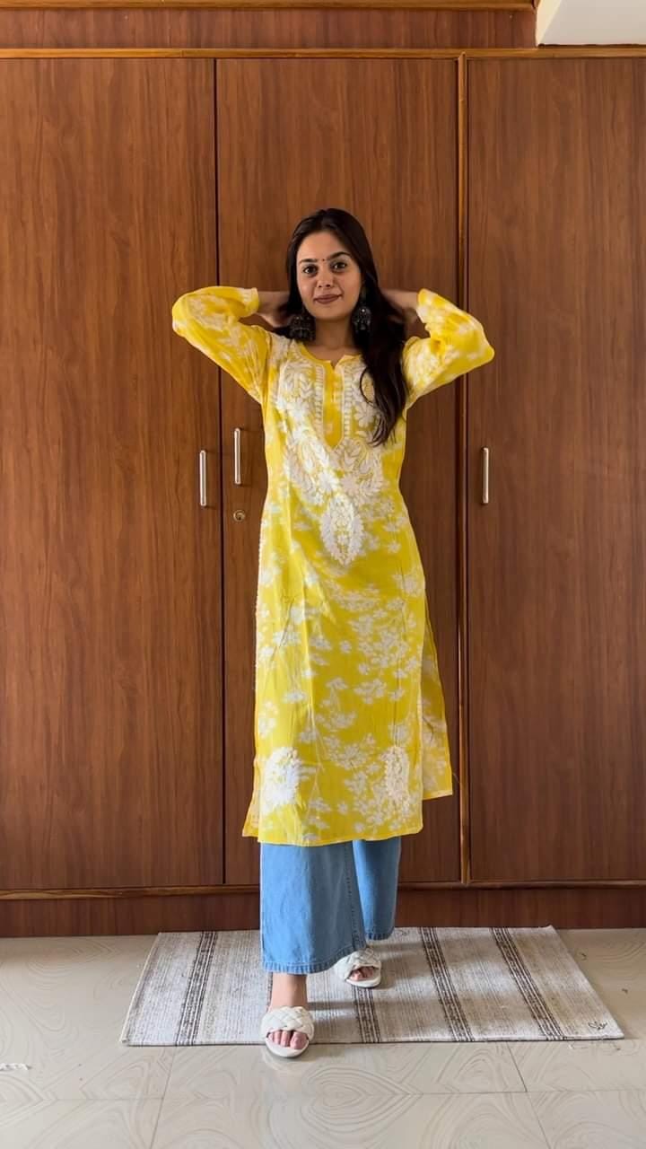 Batool yellow mul mul chikankari kurta - Hayat's Lucknowi