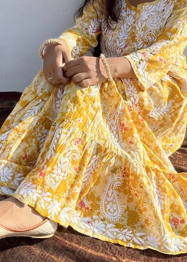 yellow chikankari floral embroidery gharara | Hayat's Lucknowi