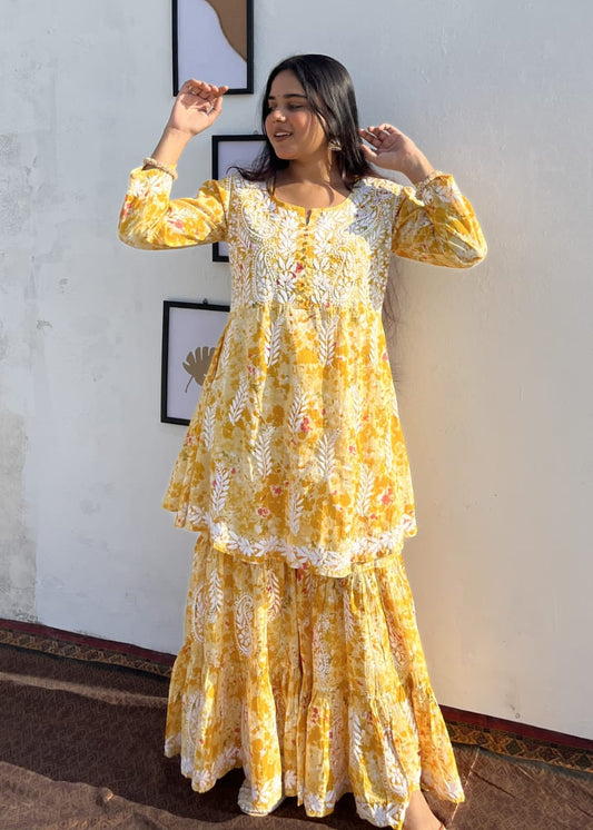 yellow colour floral print chikankari work frock kurta gharara set | Hayat's Lucknowi