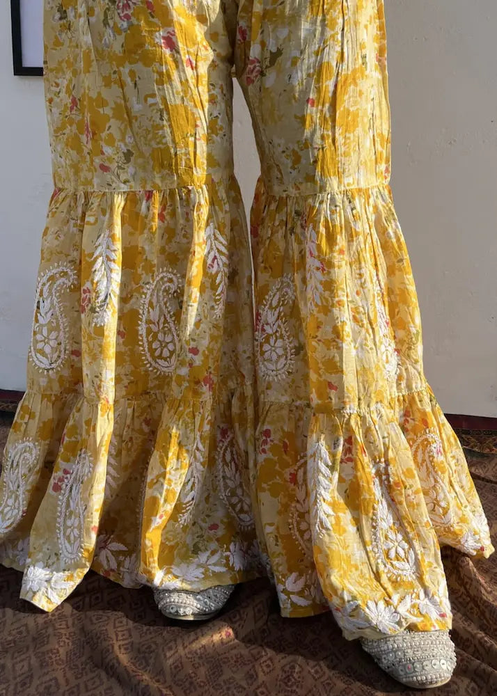 yellow floral pattern sharara pant with chikankari handwork | Hayat's Lucknowi