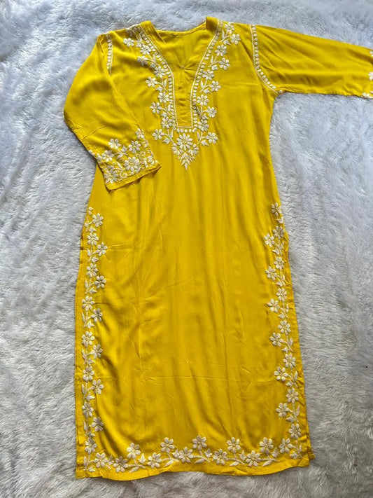 Yellow Rayon Lucknowi Chikankari Kurta by Hayat's Lucknowi