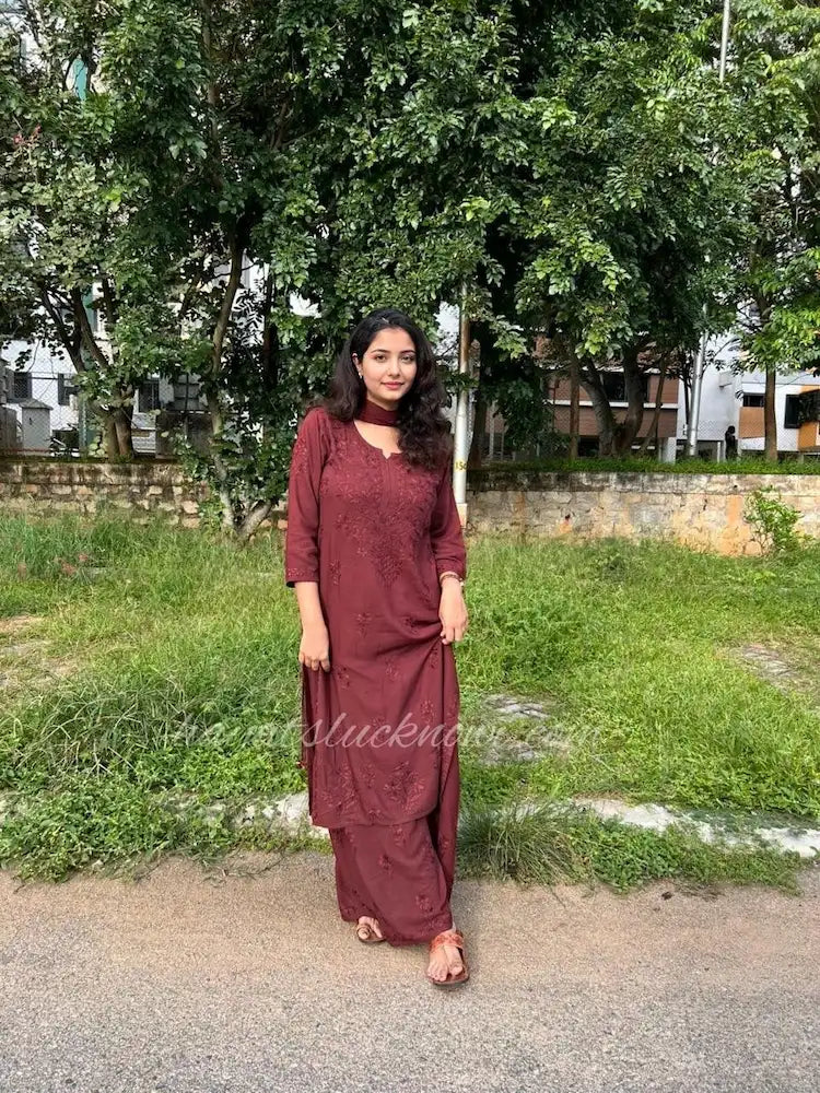 Handcrafted chikankari suit set in brown rayon fabric by Hayat’s Lucknowi