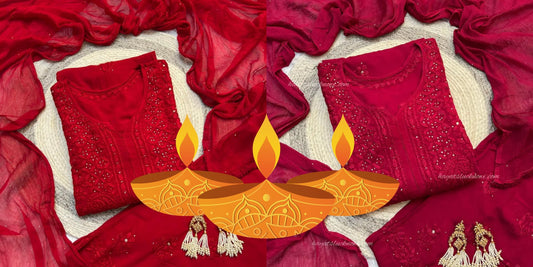 Traditional Diwali diyas and hand-embroidered chikankari fabric swatches