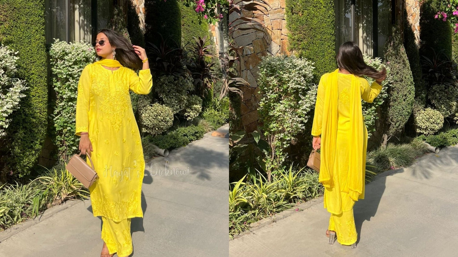 Radiate Grace with the Zeenat Yellow Rayon Chikankari Set from Hayat's Lucknowi