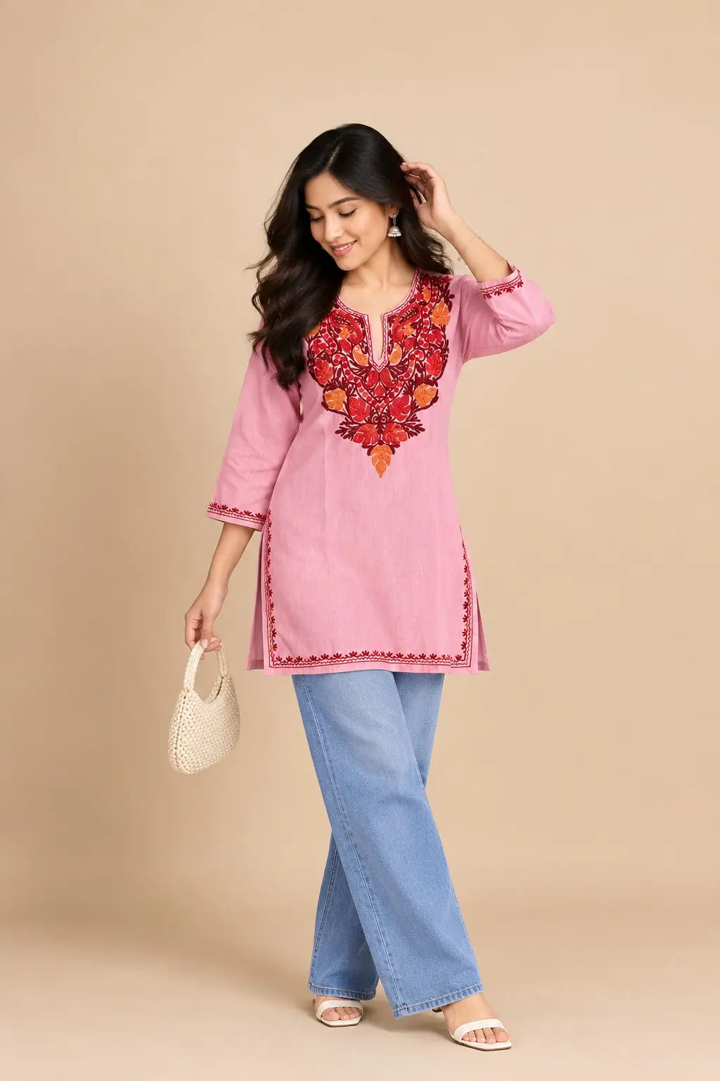 Baby Pink Cotton Kashmiri Short Embroidered Kurti featuring intricate traditional Kashmiri embroidery on soft, breathable cotton fabric for an elegant everyday ethnic look by Hayat’s Lucknowi.
