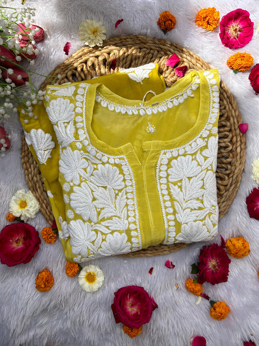 Asma Yellow Muslin Crepe Kurti - Hayat's Lucknowi