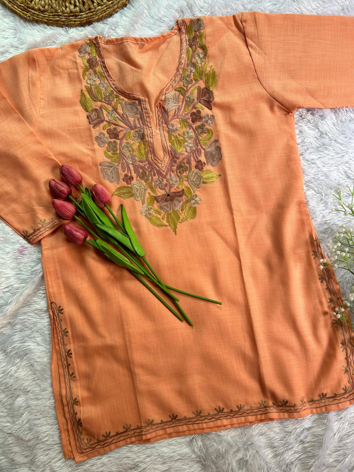 Cotton Peach Kashmiri Short Top