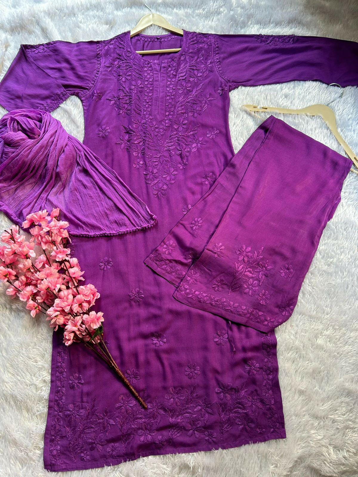 Zeenat Purple Rayon Chikankari Set - Hayat's Lucknowi