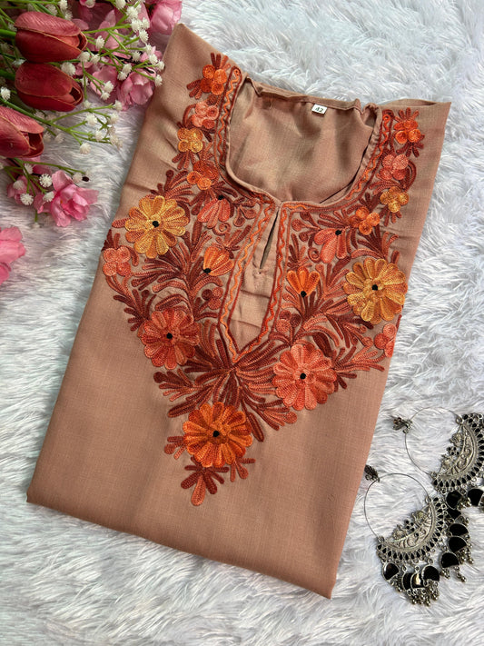 Cotton Beige Kashmiri Short Top - Hayat's Lucknowi