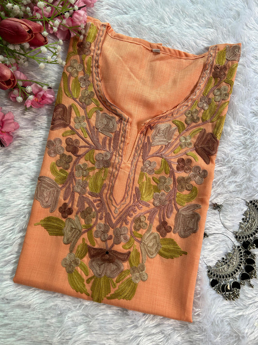 Cotton Peach Kashmiri Short Top - Hayat's Lucknowi