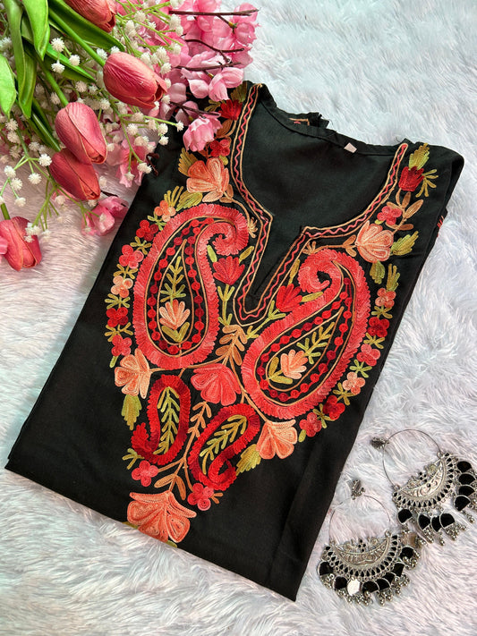 Cotton Kashmiri Black Short Top - Hayat's Lucknowi