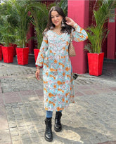 Fiza Mulmul Chikankari Printed Kurti Sky Blue - Hayat&