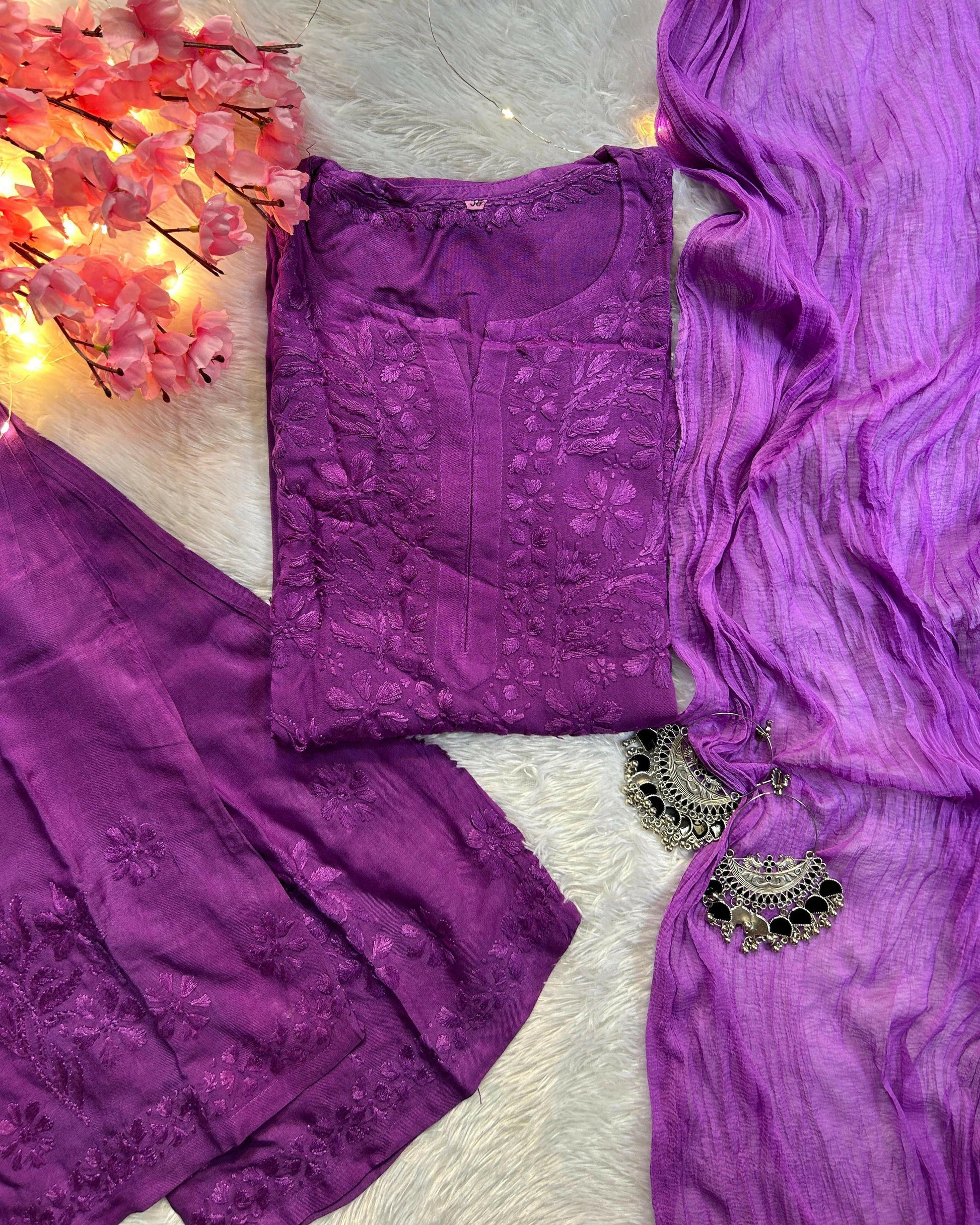 Zeenat Purple Rayon Chikankari Set - Hayat's Lucknowi