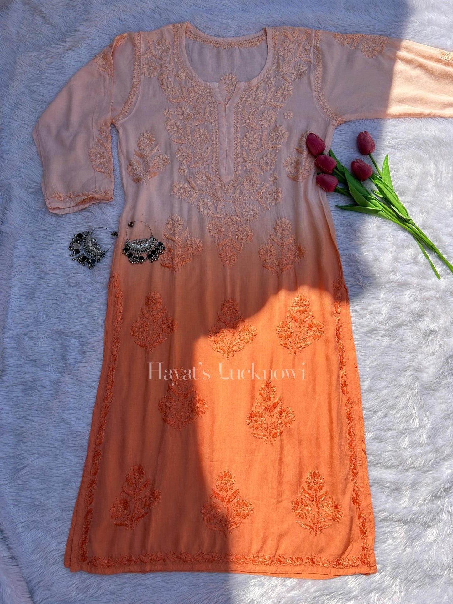 Amara Peach Ombre Modal Kurti - Hayat's Lucknowi