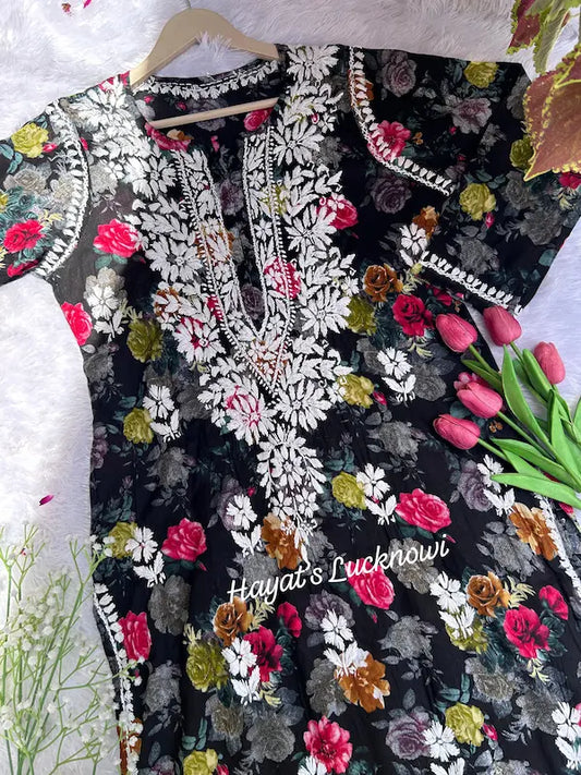 Liza Black Mul Mul Lucknowi Chikankari Kurta
