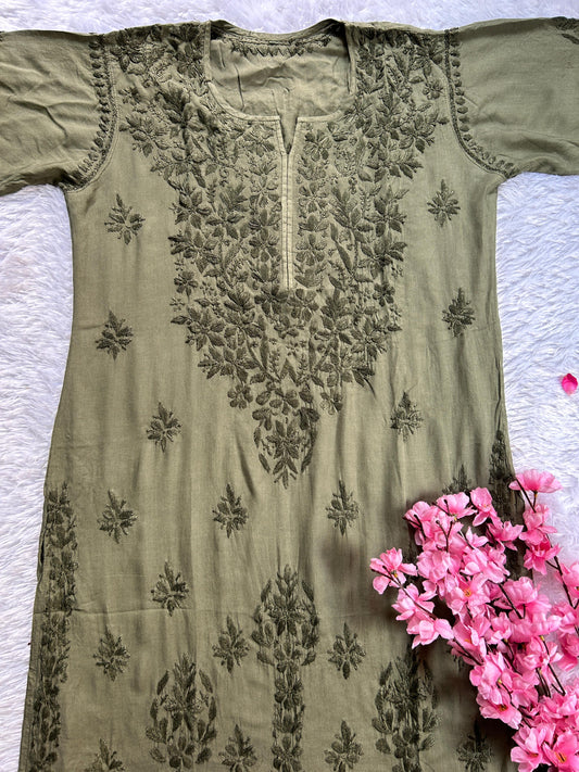 Green Chikankari Modal Long Kurta - Hayat's Lucknowi