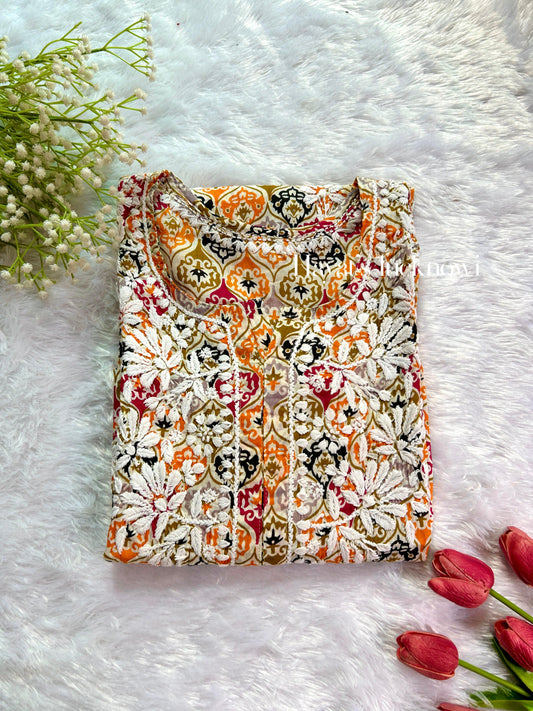 Maryam orange-green printed mul mul cotton chikankari kurti